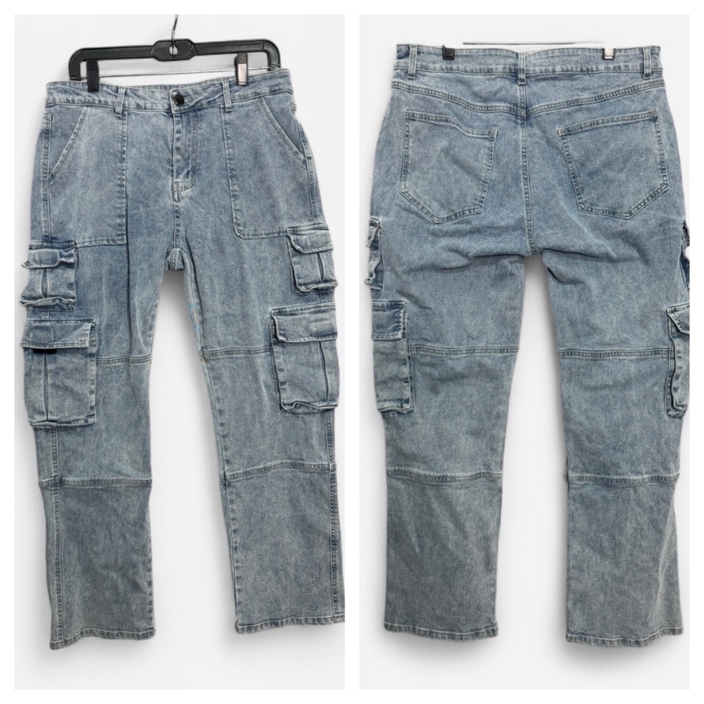 Light Wash Men’s Denim Cargo Jeans Utility Pockets Streetwear Y2K Baggy Sz‎ 34